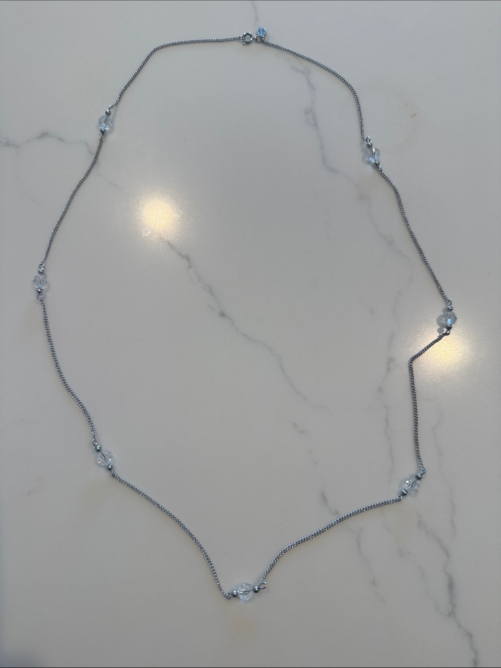 Avon Delicate Silver Chain Necklace with Clear Crystal Beads Long